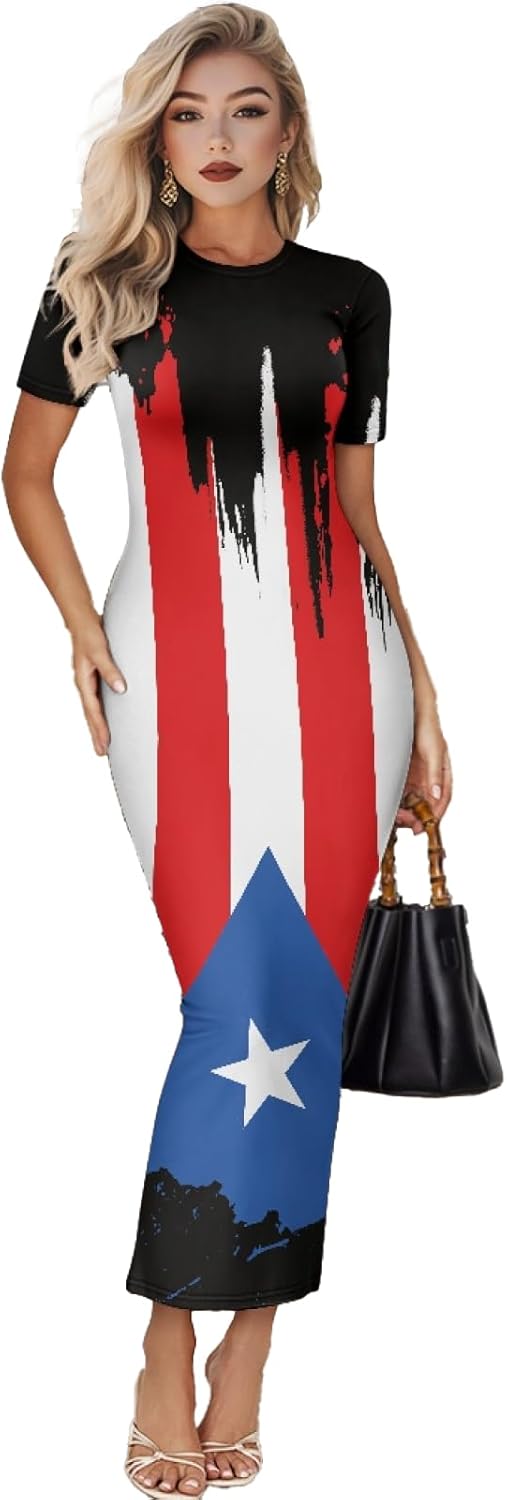 Women's Jamaican Flag Bodycon Midi Dress Short Sleeve X-Small Funny Flag Print
