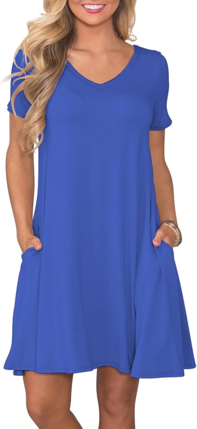 Women's Casual T-Shirt Dress Short Sleeve Summer Swing Dress with Pockets Royalblue-1