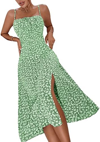 Sundresses - Floerns Women's Summer Split Thigh Spaghetti Strap Cami Midi Floral Dress Green Flower