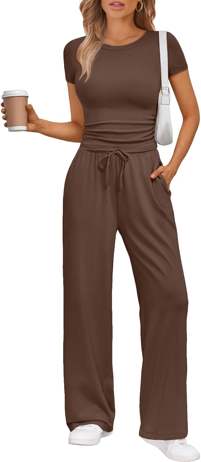 Women's 2 Piece Matching Sweatsuit Wide Leg Pants Crop Top Set
