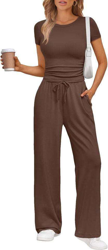 Women's 2 Piece Matching Sweatsuit Wide Leg Pants Crop Top Set Cocoa