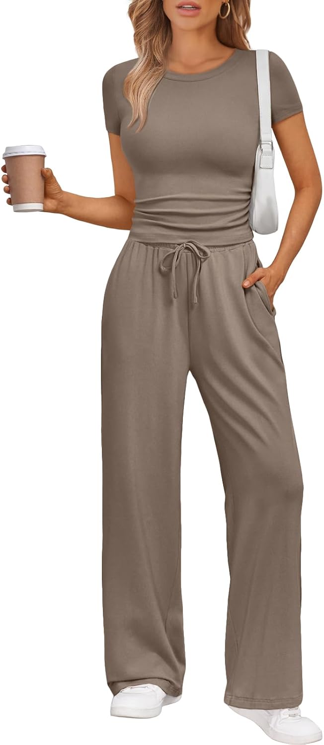 Women's 2 Piece Matching Sweatsuit Wide Leg Pants Crop Top Set Mocha