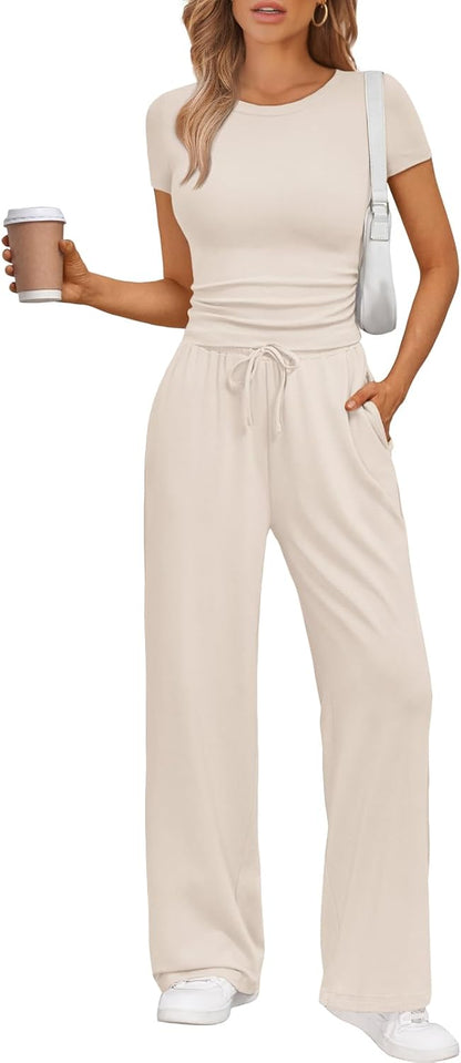 Women's 2 Piece Matching Sweatsuit Wide Leg Pants Crop Top Set Beige