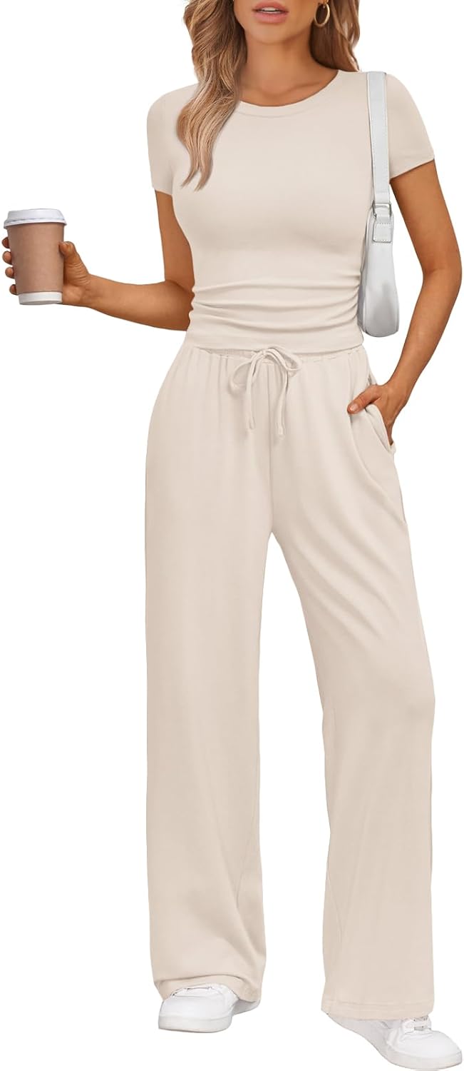Women's 2 Piece Matching Sweatsuit Wide Leg Pants Crop Top Set Beige