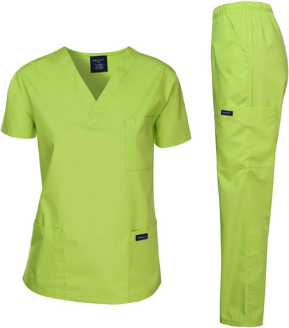 Medical Scrubs Set Unisex - V-Neck Top and Elastic Waist Pants Uniform for Healthcare Workers Apple Green