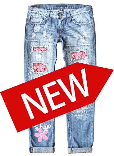 American Flag Pants - Astylish Womens Plaid Patch Ripped Boyfriend Distressed Stretch Skinny Denim Jeans with Hole B11 Blue