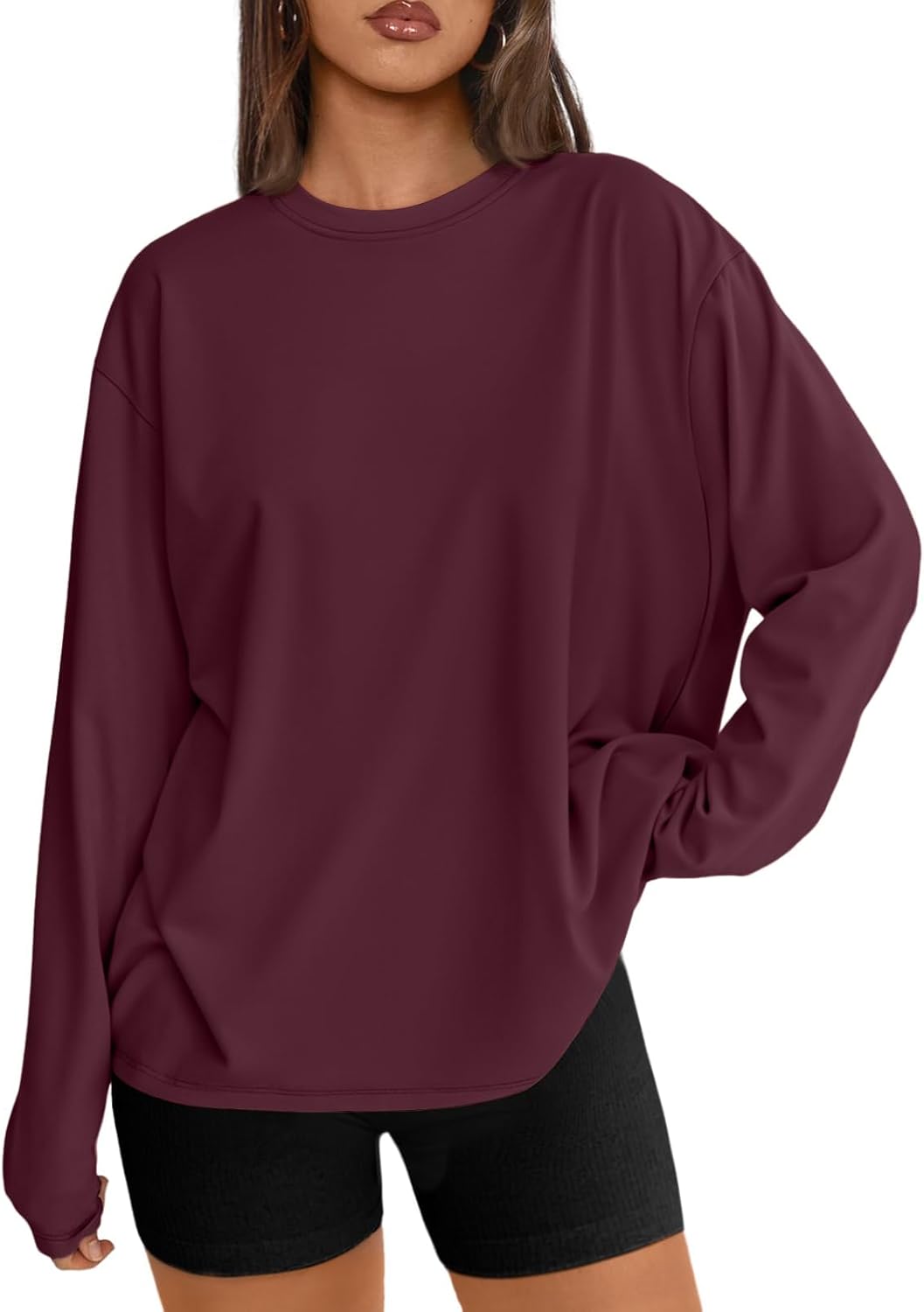Women's Oversized Long Sleeve T-Shirt Casual Crewneck Basic Tee Medium Burgundy