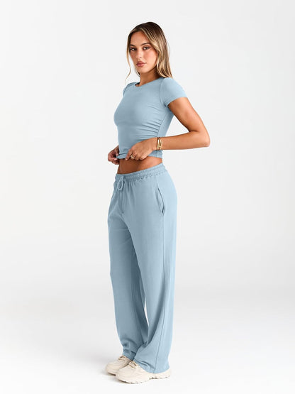 Women's 2 Piece Matching Sweatsuit Wide Leg Pants Crop Top Set
