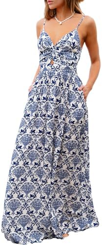 Sundresses - CUPSHE Women's Maxi Dress Floral Print Twisted V Neck Sleeveless Long Dress Summer Casual Dress Blue Printed