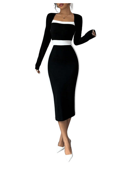 Women Midi Dress - Color Block Square Neck Long Sleeve Bodycon Dress Black and White