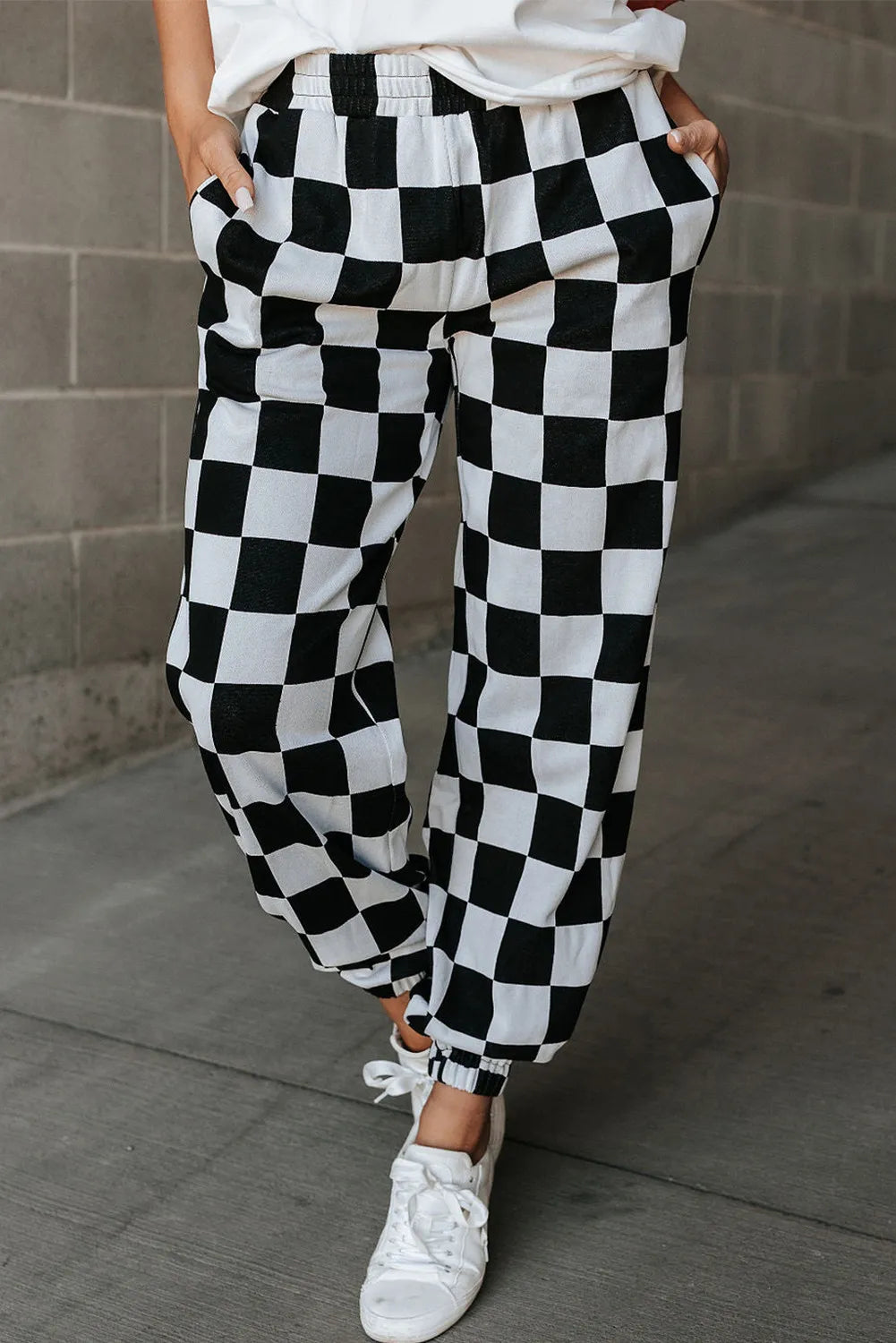 Checkered Joggers Women - Checkered Elastic Waist Joggers Black