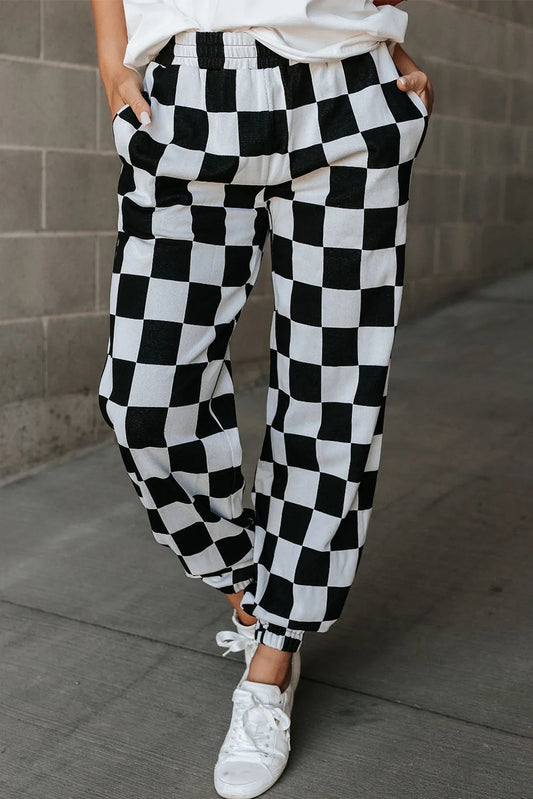 Checkered Joggers Women - Checkered Elastic Waist Joggers Black