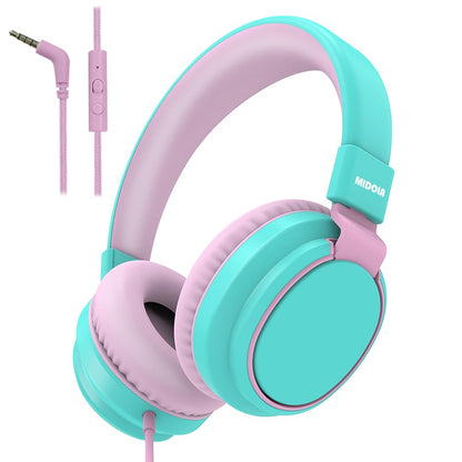 Kids Headphones Volume Limited 85/94dB - Wired Over-Ear Foldable Headset with Microphone Pink Cyan