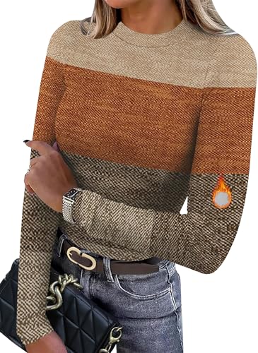 Women's Long Sleeve Thermal Shirt - Fleece Mock Neck Slim Fit Top F-color Block
