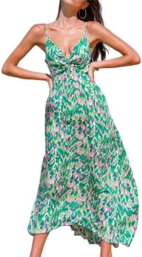 Sundresses - CUPSHE Women's Maxi Dress Floral Print Twisted V Neck Sleeveless Long Dress Summer Casual Dress Green Abstract
