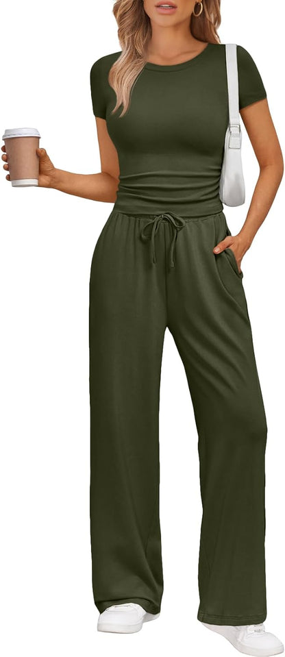 Women's 2 Piece Matching Sweatsuit Wide Leg Pants Crop Top Set Army Green