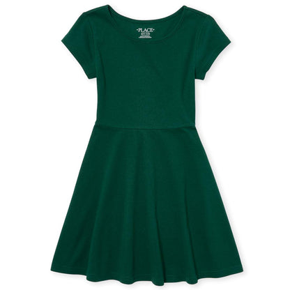 Girls Short Sleeve Skater Dress Round Neck Casual Summer Dress Spruce Green Single