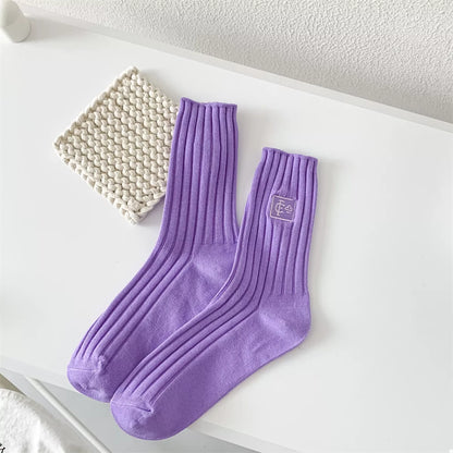 Breathable Ribbed Knit Crew Socks Purple One Size