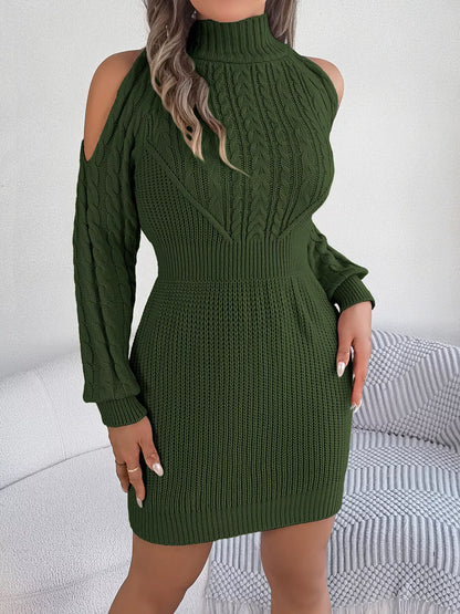 Cold Shoulder Cable Knit Turtleneck Sweater Dress