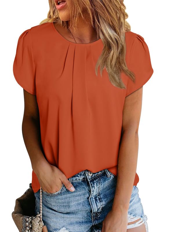 Polyester Blouses - Women's Chiffon Blouse Short Sleeve Pleated Top with Keyhole Back Detail Gold Flame