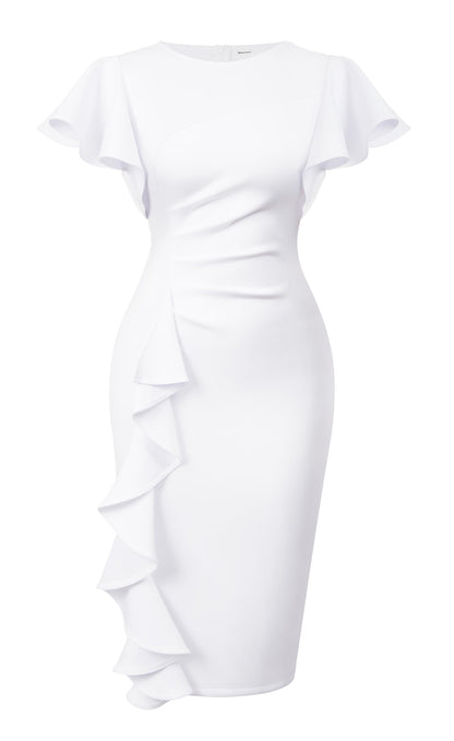 Cato Fashions Online - Women's Vintage Ruffle Sleeve Bodycon Midi Dress - Church Work Office Pencil Dress White