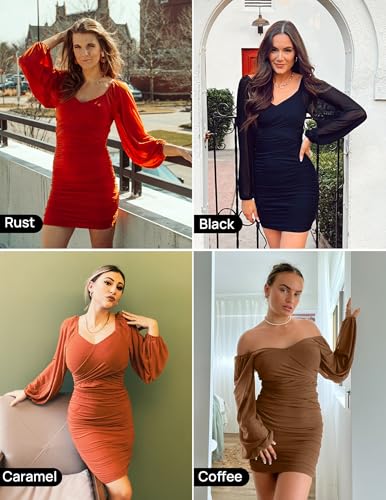 Christmas Party Dress - ZESICA Womens Sexy V Neck Ruched Bodycon Mini Dress Puff Long Sleeve Cocktail Wedding Party Short Dresses
