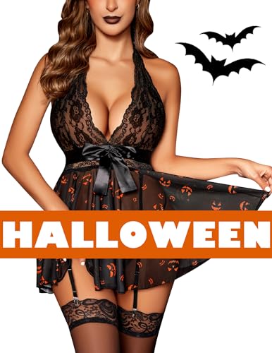 Christmas Costume - Avidlove Lingerie for Women Lace Babydoll Chemise Halter V Sexy Sleepwear with Garter Belt Ghost Face Print