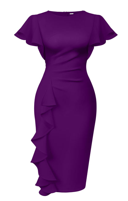 Cato Fashions Online - Women's Vintage Ruffle Sleeve Bodycon Midi Dress - Church Work Office Pencil Dress Purple