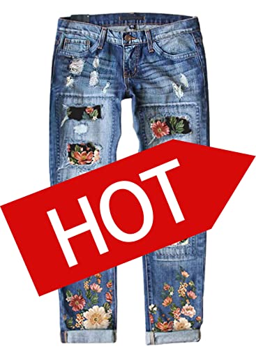 American Flag Pants - Astylish Womens Plaid Patch Ripped Boyfriend Distressed Stretch Skinny Denim Jeans with Hole G11 Blue