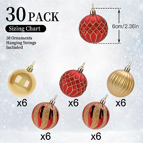 SHareconn 30ct 236 Inch Christmas Tree Balls Ornaments Colored Shatterproof Plastic Decorative Baubles Decorations for Xmas Tree Decor Holiday Party Wedding Decoration Red Gold 60mm