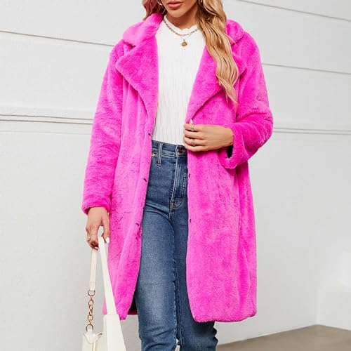 Hot Pink Fur Coat - Womens Faux Fur Long Jacket Open Front Long Sleeve Lapel Cardigans Winter Fashion Fluffy Cozy Overcoat Outerwear