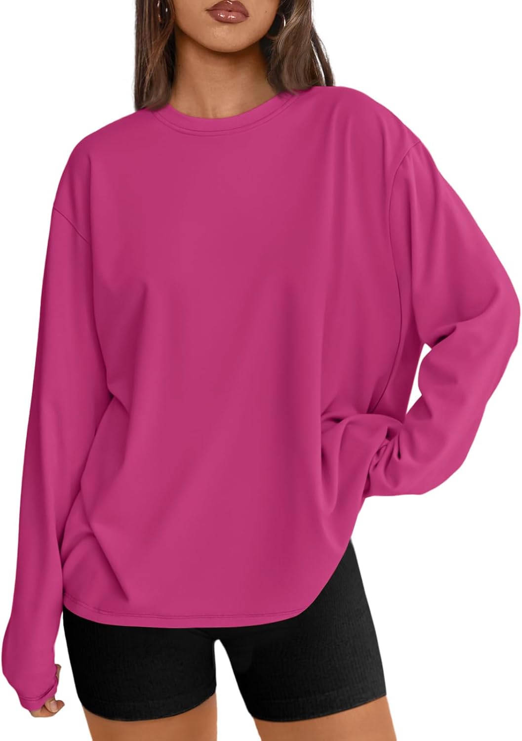 Women's Oversized Long Sleeve T-Shirt Casual Crewneck Basic Tee Hotpink
