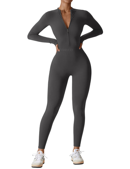 Women's Long Sleeve Workout Jumpsuit - Zip Up Bodycon Romper One Piece