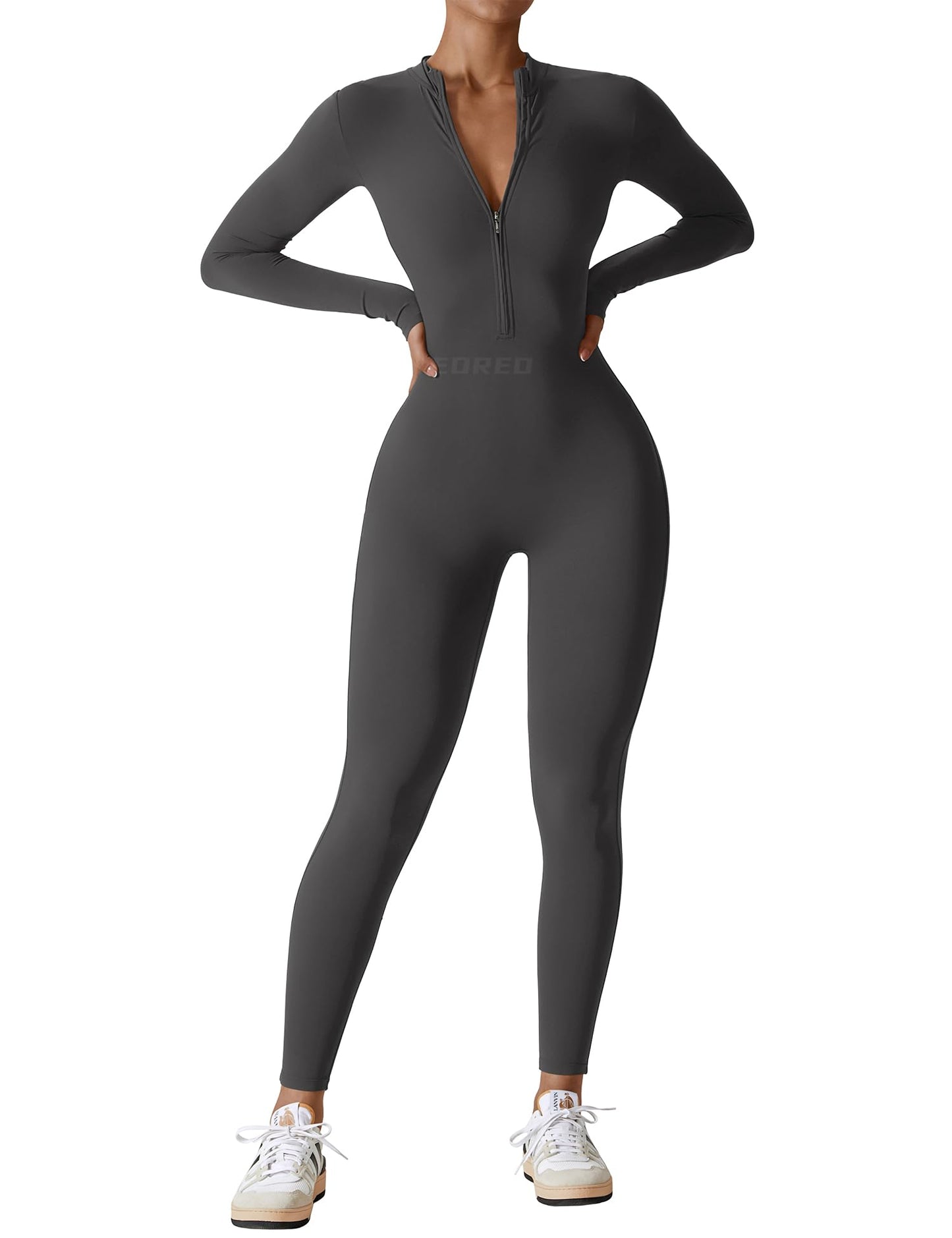 Women's Long Sleeve Workout Jumpsuit - Zip Up Bodycon Romper One Piece