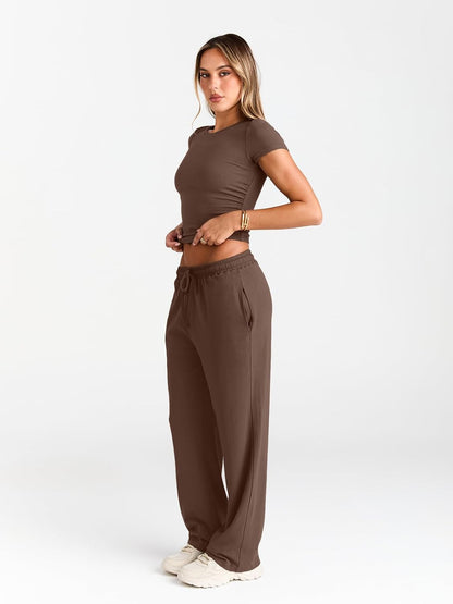 Women's 2 Piece Matching Sweatsuit Wide Leg Pants Crop Top Set