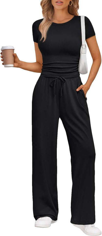 Women's 2 Piece Matching Sweatsuit Wide Leg Pants Crop Top Set Black