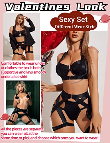 Lingerie Set for Women Sexy Strappy Lingerie Underwire Push Up Bra Garter Set Lingerie with Chain