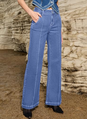 Celine Jeans - Womens Wide Leg Jeans Casual Baggy High Waisted Stretch Denim Pants