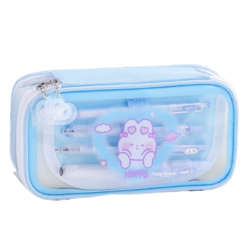 Cute Kawaii Pencil Case - Large Capacity Multilayer Rabbit Design Pen Pouch Gift Blue