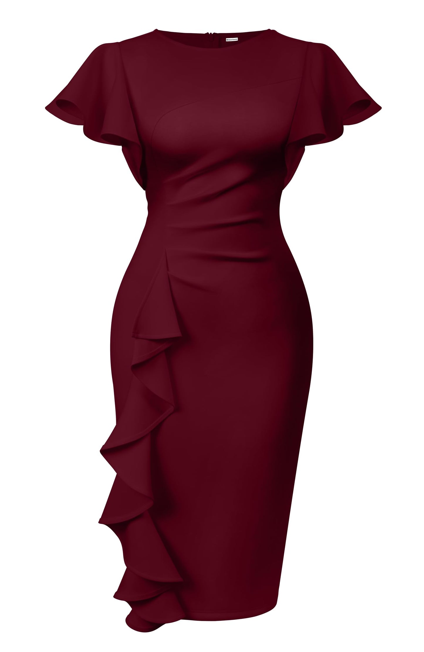 Cato Fashions Online - Women's Vintage Ruffle Sleeve Bodycon Midi Dress - Church Work Office Pencil Dress Wine Red