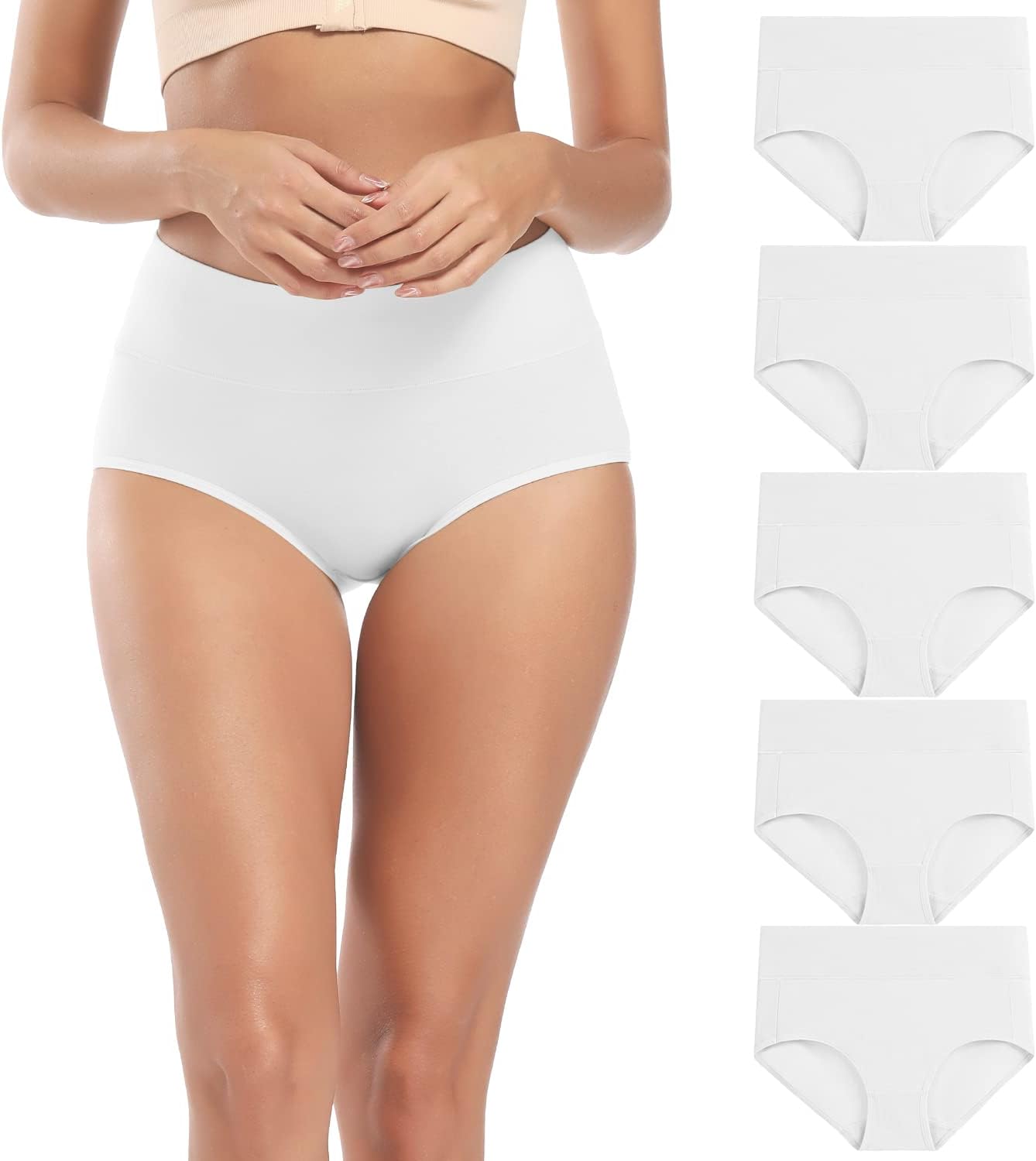 Women's High Waisted Cotton Underwear Full Coverage Panties Plus Size White-5pack