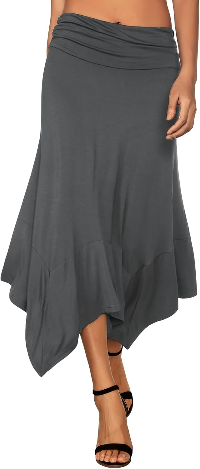 Women's Flowy Handkerchief Hemline Midi Skirt - Elastic Waist Asymmetrical Hem Dark Grey