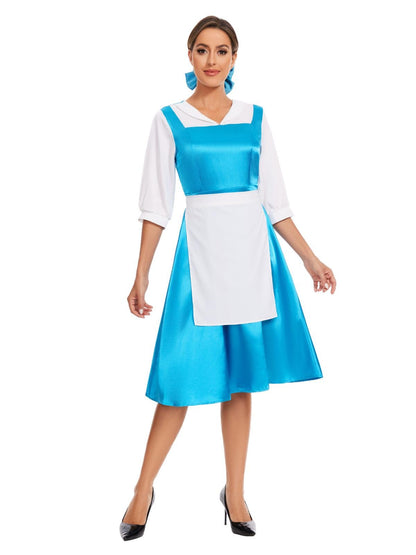 Women's Belle Costume - Blue Maid Dress with Apron and Hair Bow Blue