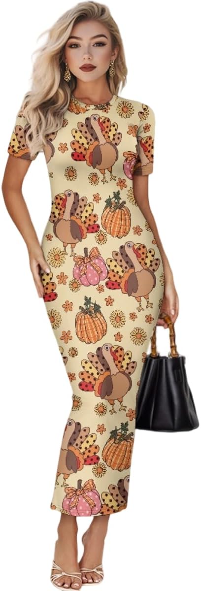 Women's Jamaican Flag Bodycon Midi Dress Short Sleeve Thanksgiving