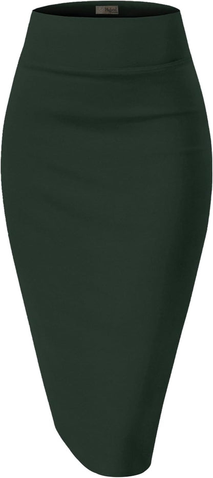 Women's High Waist Pencil Skirt - Premium Stretch Ponte Business Professional Below Knee