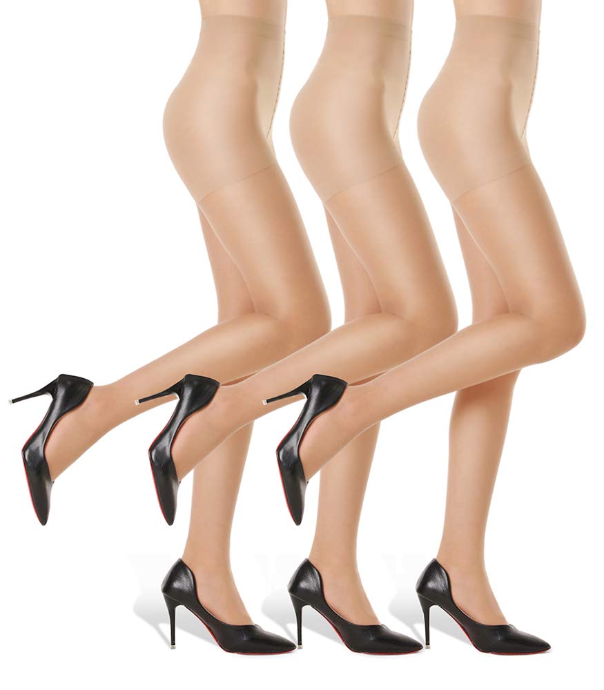 Women's 20D Sheer Control Top Pantyhose - 3 Pack Ultra Thin Tights with Reinforced Toes Nude