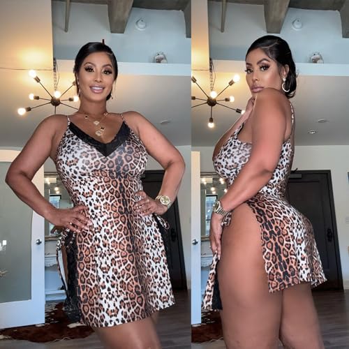 Women's Lingerie Sexy Nightgown Milk Silk Sleepwear Lace Babydoll Chemise Side Slit Nightie with Thong