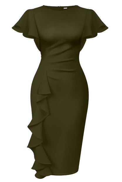 Cato Fashions Online - Women's Vintage Ruffle Sleeve Bodycon Midi Dress - Church Work Office Pencil Dress Army Green