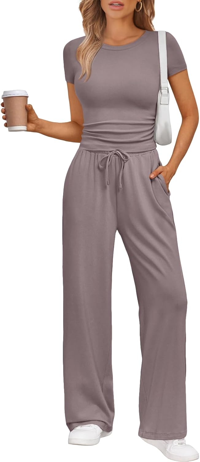 Women's 2 Piece Matching Sweatsuit Wide Leg Pants Crop Top Set Rose Taupe