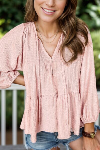 Textured Tie Neck Three-Quarter Sleeve Blouse Watermelon pink